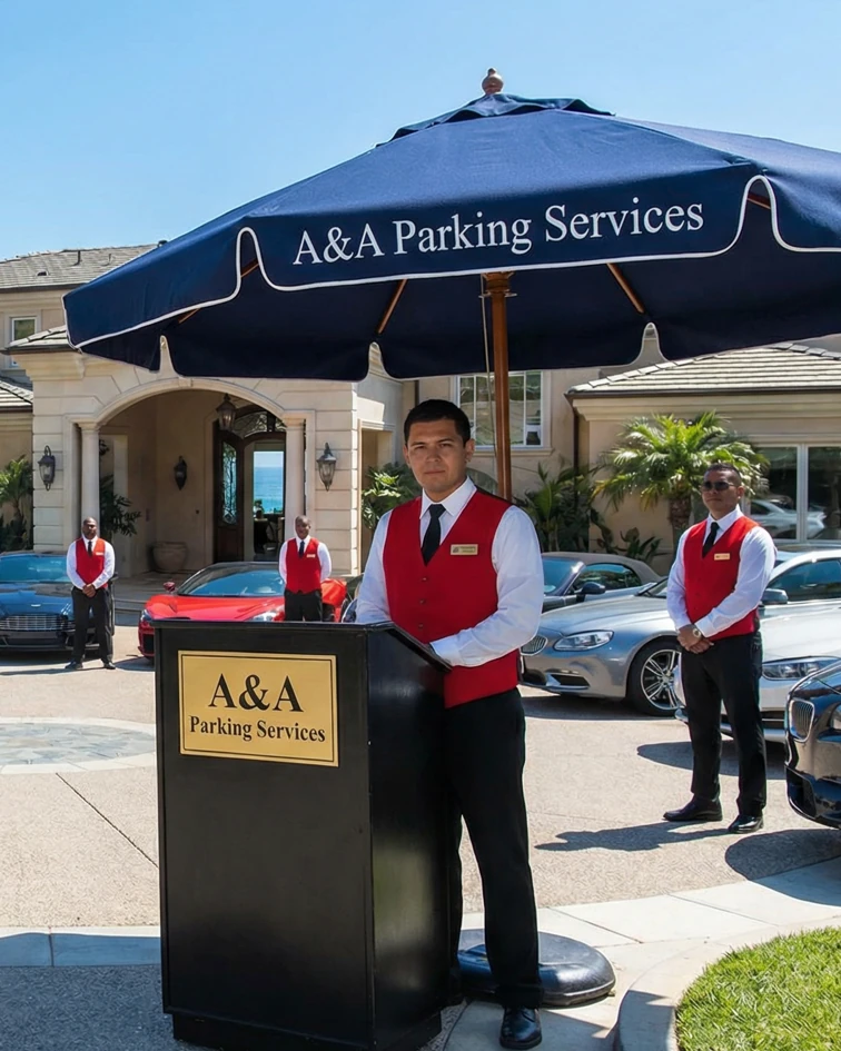 A&A Parking Services valet attendants in red uniforms with the A&A valet stand and umbrella at a private oceanfront estate event in Southern California