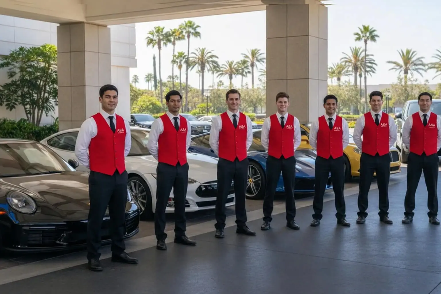 A&A Parking Services team with luxury vehicles at Beverly Hills event