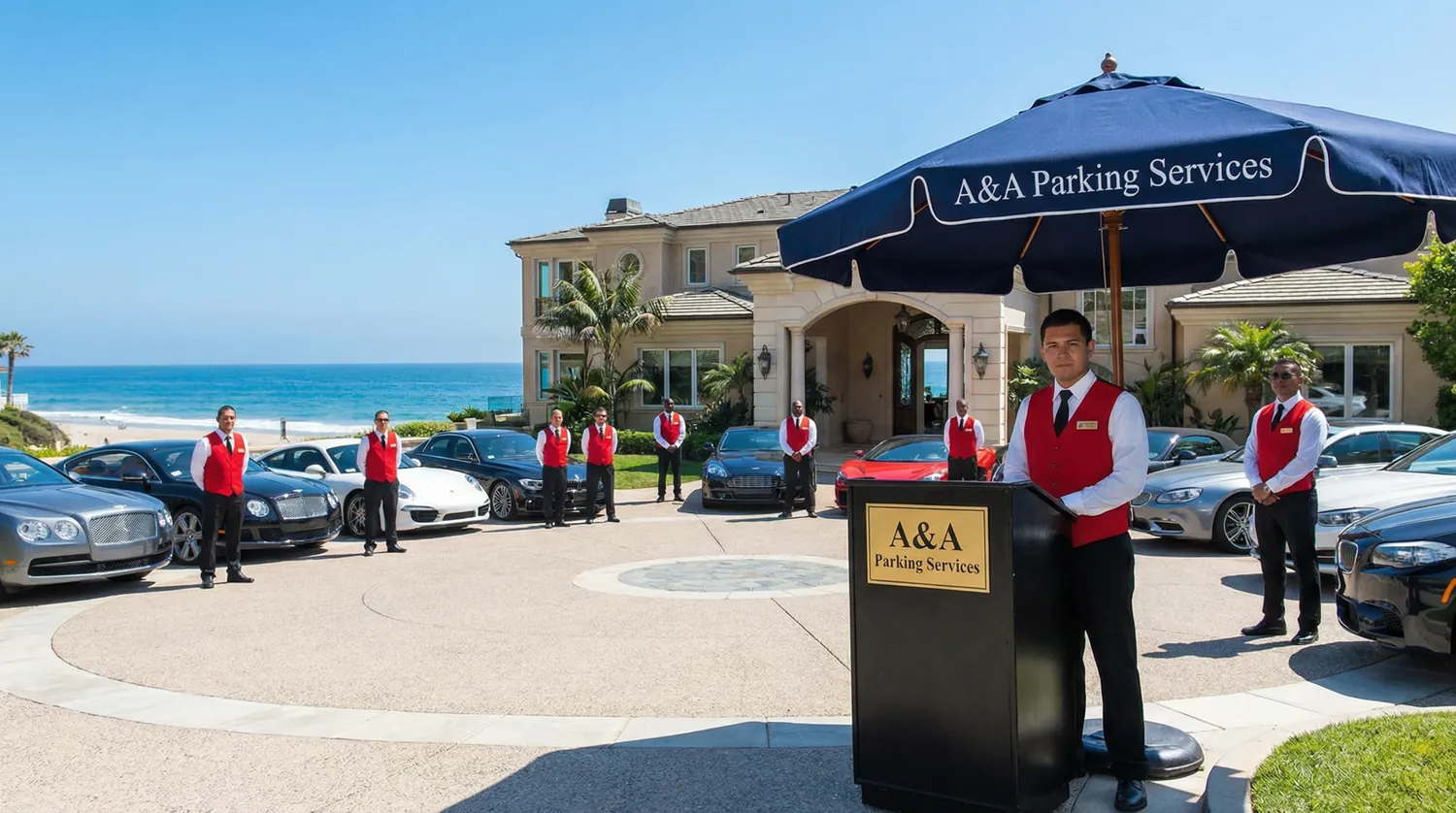 A&A Parking Services valet team and guest luxury cars at a private oceanfront estate in Malibu