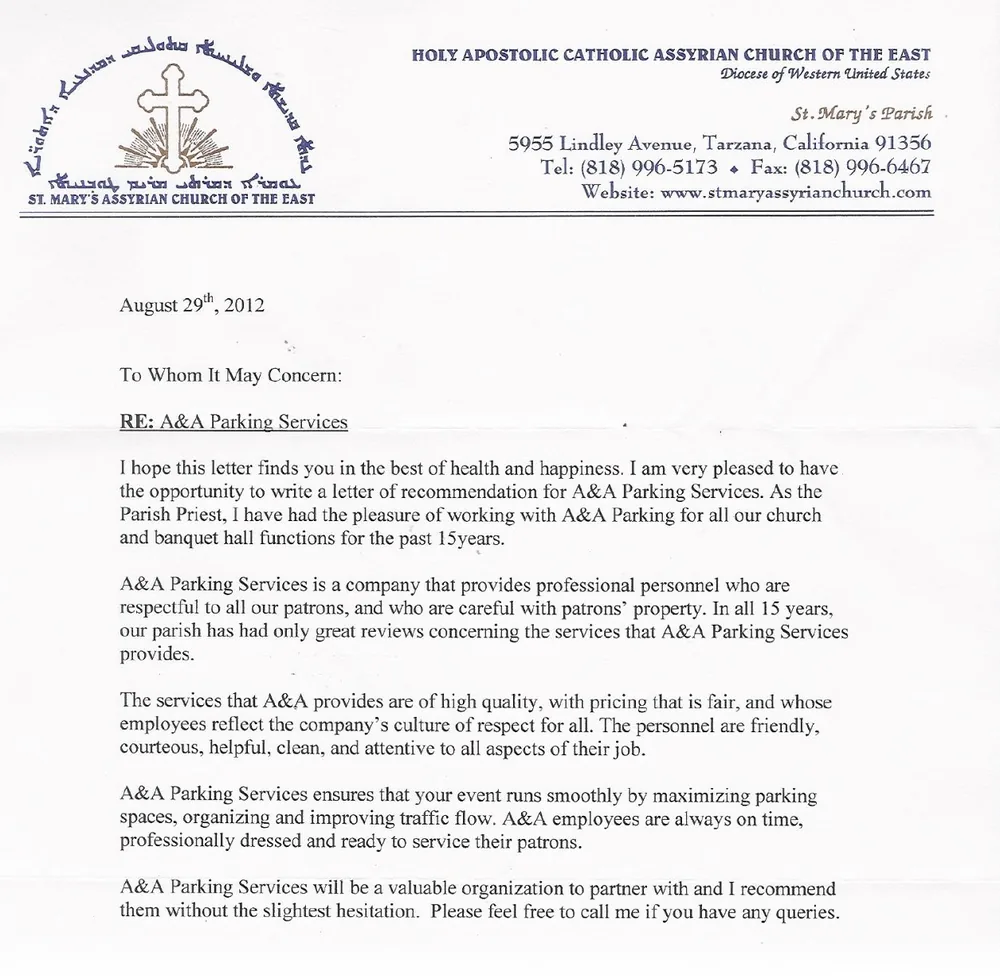 Body of the 2012 letter of recommendation for A&A Parking Services on the letterhead of St. Mary's Assyrian Church of the East, 5955 Lindley Avenue, Tarzana. The handwritten signature is not shown; the full letter is linked below as a PDF.