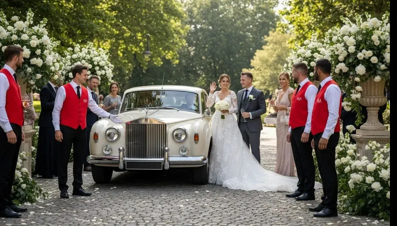 Valet attendants in red A&A vests receiving a vintage Rolls-Royce as the bride and groom arrive at a garden wedding